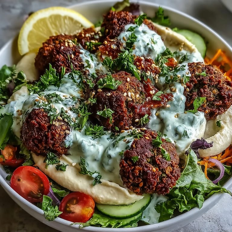 A vibrant Falafel Bowl featuring fluffy falafel, crunchy vegetables, and creamy tzatziki, served with lemon wedges. 