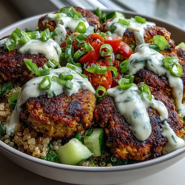 Falafel Quinoa Salad Bowl features vibrant greens, fresh vegetables, and crispy chickpea fritters served in a wholesome bowl, ready for a healthy vegetarian dinner.