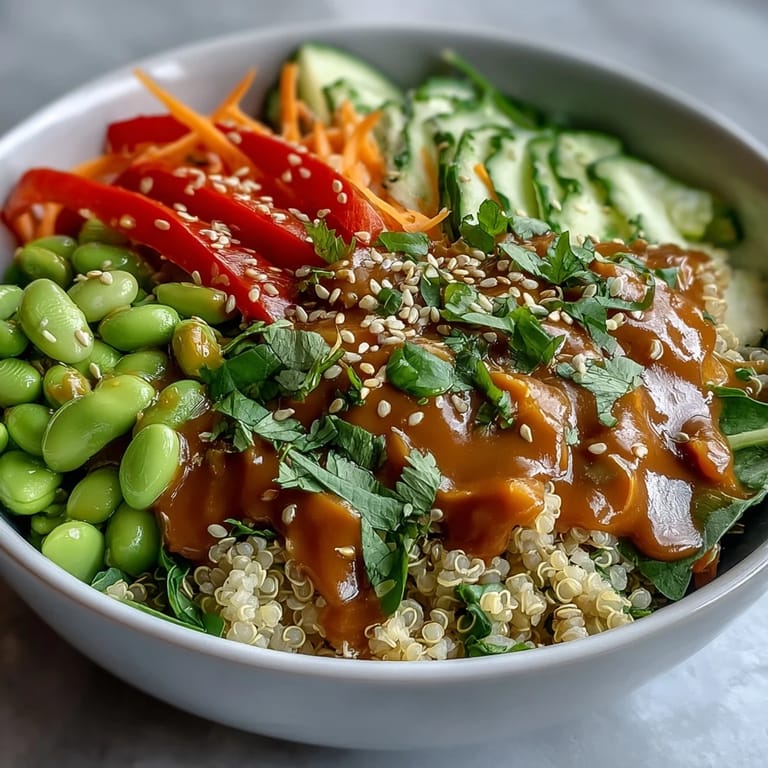 Vibrant vegan Thai Coconut Quinoa Bowl served chilled, featuring colorful shredded cabbage, edamame, and fresh cilantro garnish.