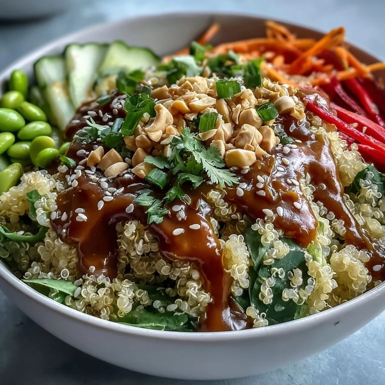 Fluffy coconut quinoa base in a Thai Coconut Quinoa Bowl, ready for crunchy veggies and a drizzle of peanut sauce.