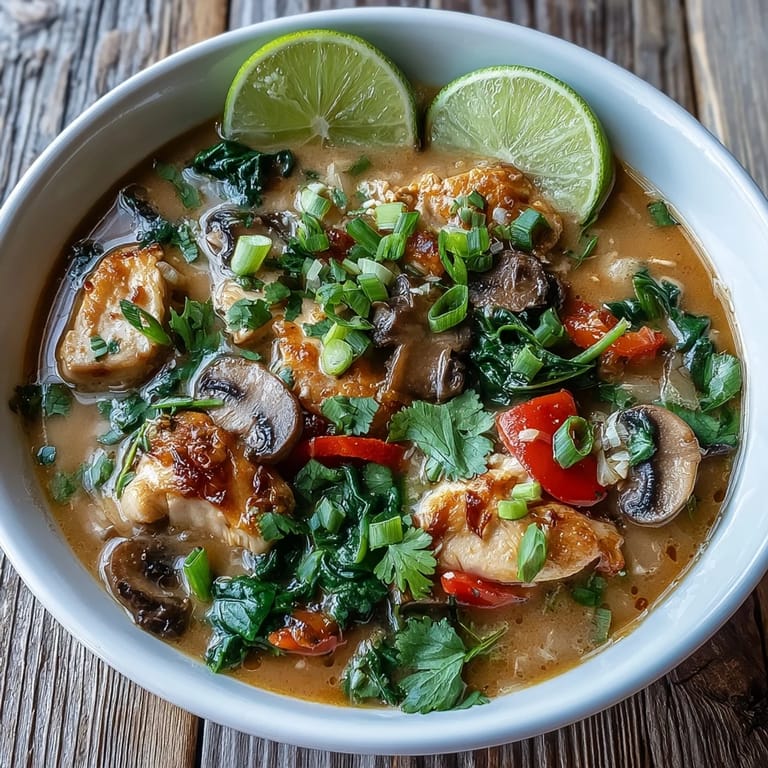 A vibrant Thai Coconut Curry Soup Bowl features creamy coconut broth, mushrooms, and colorful bell peppers.