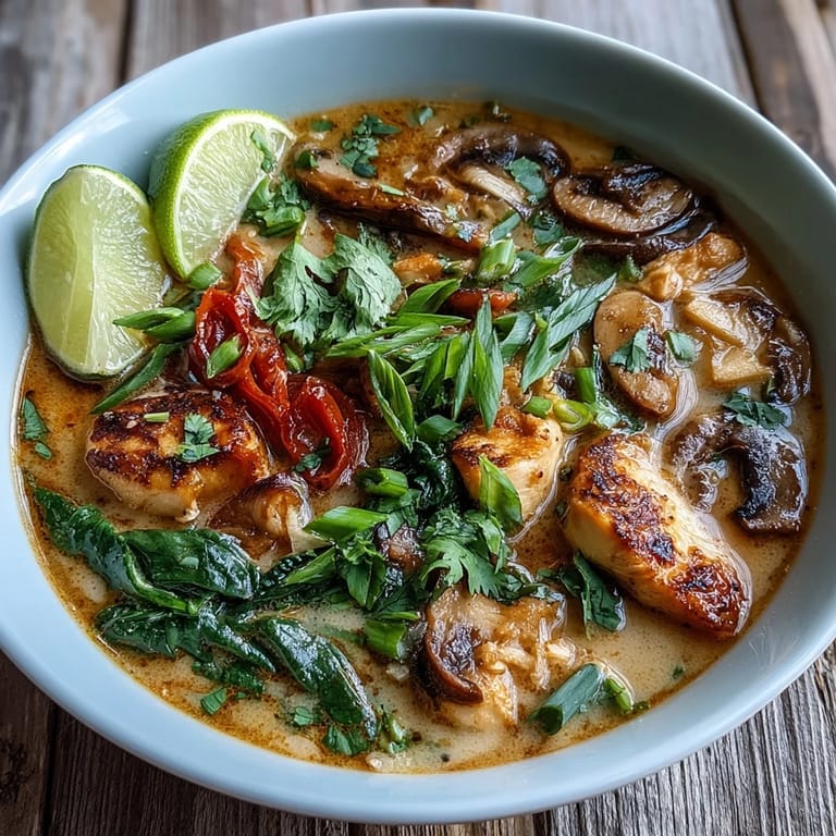 Thai Coconut Curry Soup Bowl with tender chicken and vegetables served hot over fluffy jasmine rice.