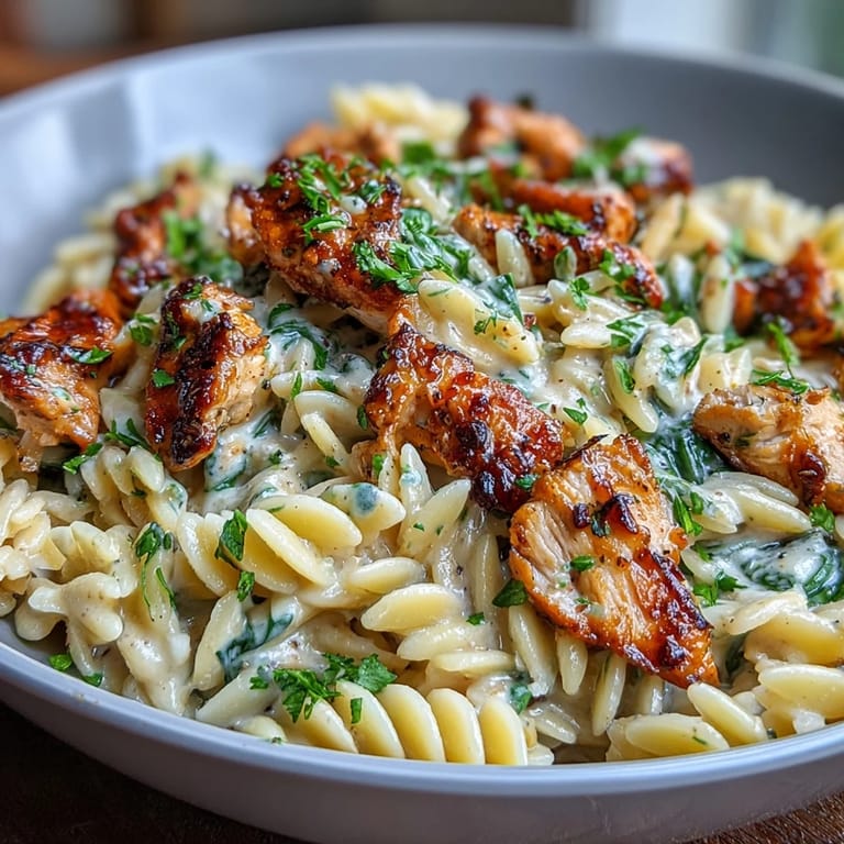 Vibrant lemon orzo with chicken and spinach, topped with Parmesan, garnished with parsley and lemon zest.