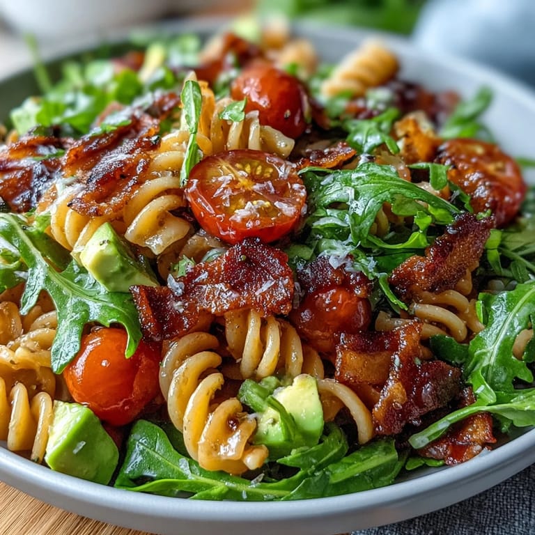 Fresh BLT pasta salad featuring crispy bacon, ripe avocado, and juicy tomatoes over chilled pasta, perfect for summer gatherings.