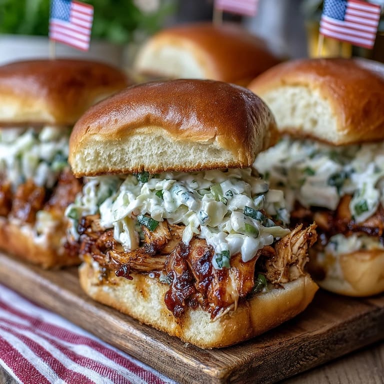 2. Tender shredded BBQ chicken with crisp coleslaw on toasted slider buns, a festive summer BBQ favorite.