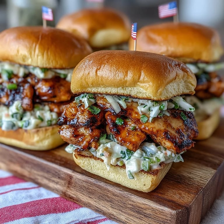 3. Smoky BBQ chicken sliders layered with crunchy coleslaw, ideal for patriotic gatherings and backyard cookouts.