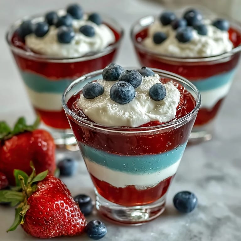 Festive layered Jello dessert with bold red, white, and blue stripes, chilled and ready for a fun, colorful treat.