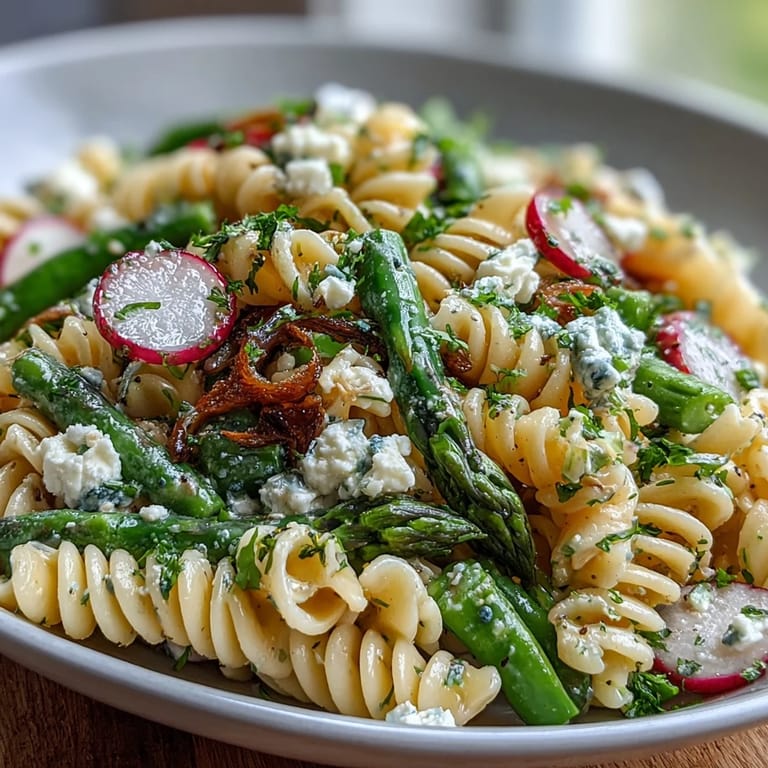 Fresh and colorful spring pasta salad featuring tender fusilli, sugar snap peas, and baby spinach tossed with a bright lemon Dijon dressing.