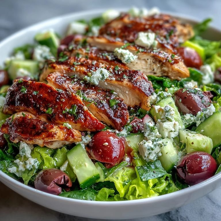 Vibrant Mediterranean-inspired Greek salad bowl topped with tender grilled chicken, drizzled with tangy lemon-oregano dressing for a refreshing meal.  