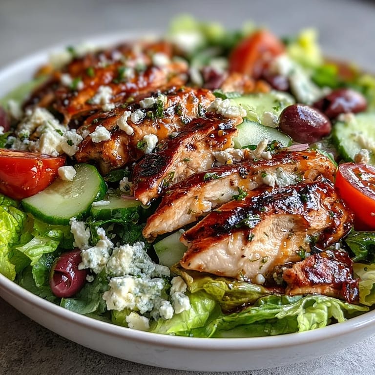 Colorful Greek salad bowl with grilled chicken, combining creamy feta, ripe tomatoes, and savory olives for a satisfying and nutritious dinner option.