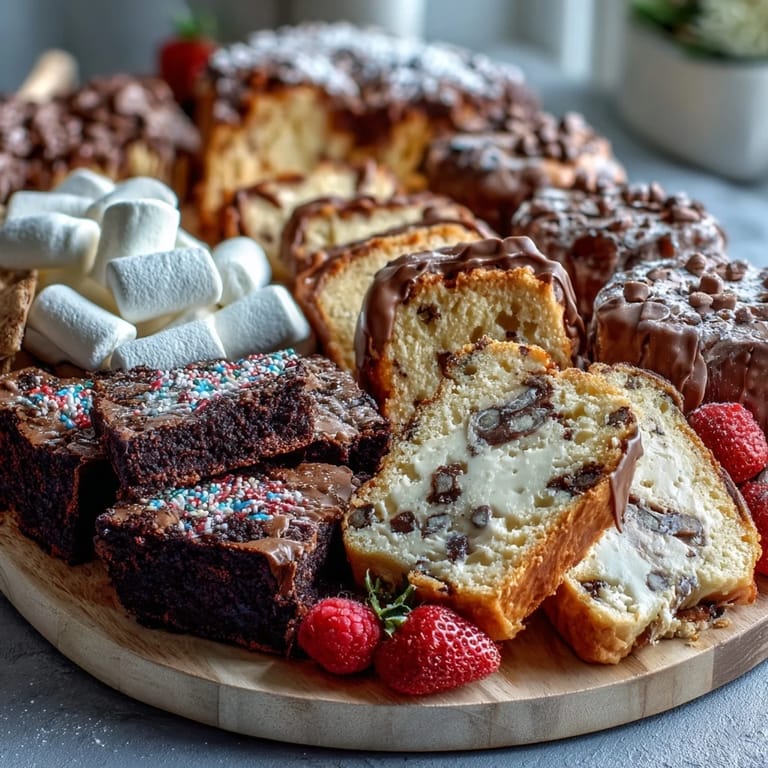 A colorful dessert board featuring cake slices, cookies, and brownie bites, garnished with fresh berries and sprinkles for a festive graduation treat.