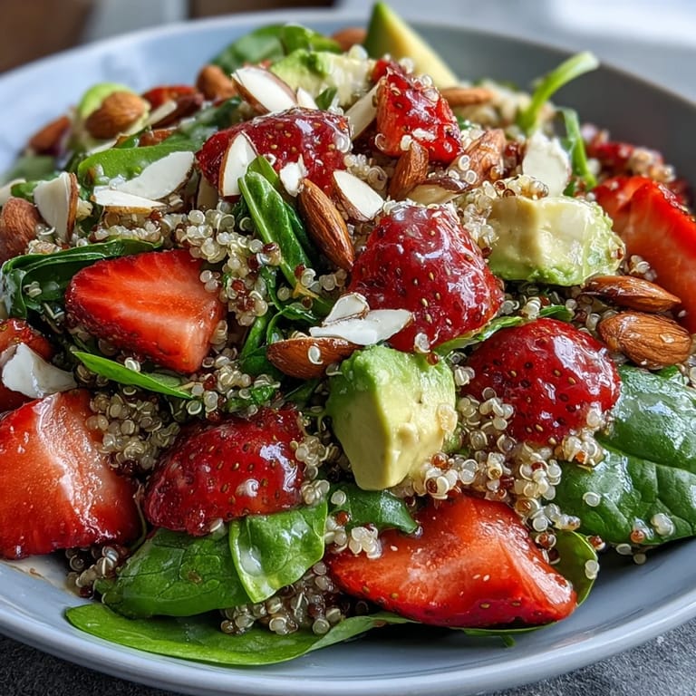 Colorful quinoa salad featuring ripe strawberries, diced avocado, and baby spinach, topped with toasted almonds and feta.  