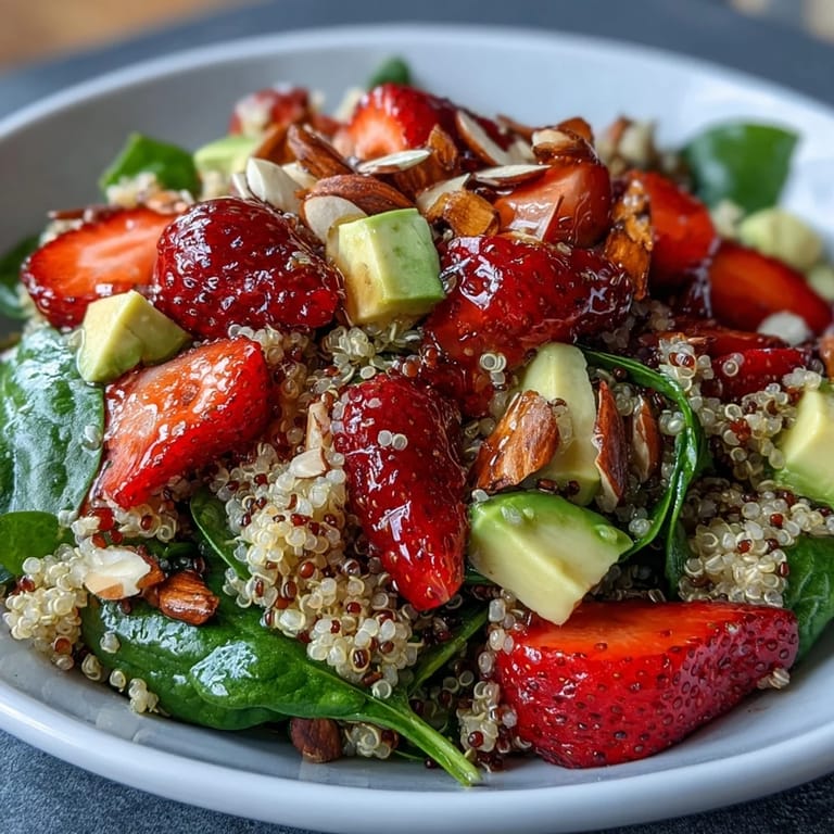 Healthy strawberry avocado quinoa salad with fresh basil, red onion, and zesty lemon-honey dressing, perfect for lunch.