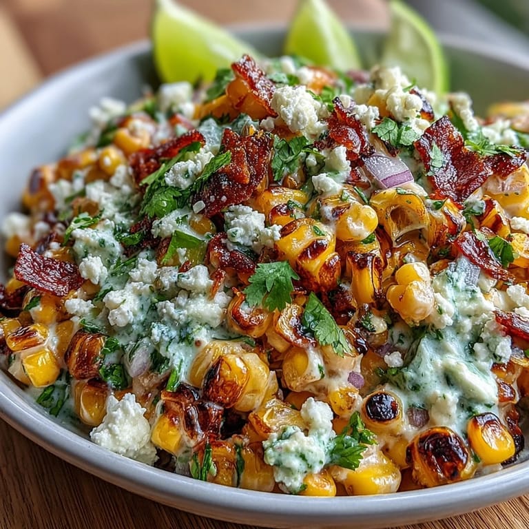 Fresh Mexican street corn salad with bright red peppers, green cilantro, and crumbled Cotija cheese, served with lime wedges for extra flavor.