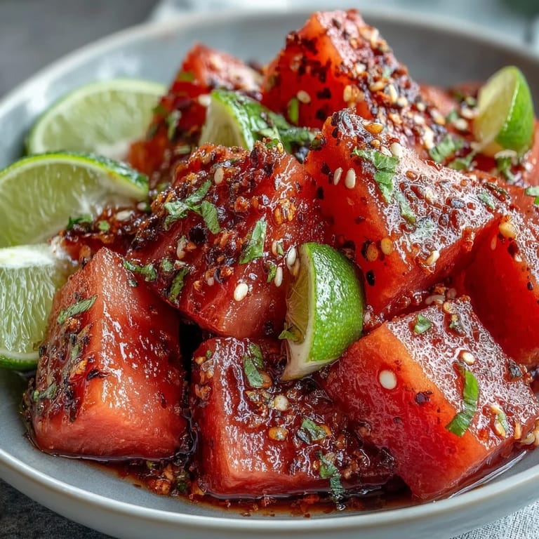 Vibrant watermelon wedges topped with tangy Tajin and fresh lime create a refreshing, spicy-sweet treat ideal for gatherings.  