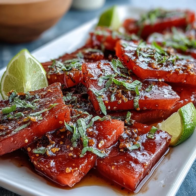 Cool watermelon sticks sprinkled with Tajin seasoning and drizzled with lime juice offer a zesty, crowd-pleasing snack for warm days.