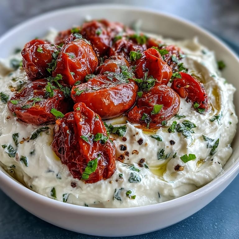 Tangy whipped feta blended smooth and creamy, finished with caramelized cherry tomatoes, perfect for a Mediterranean appetizer platter.