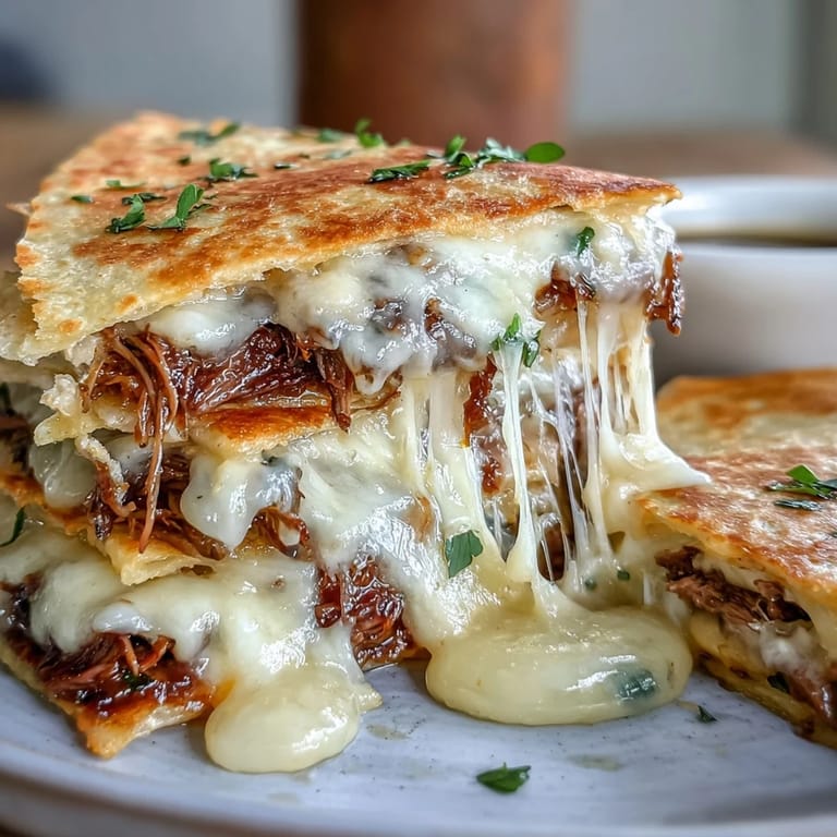 Cheesy shredded beef birria quesadillas with spicy consommé, a festive Mexican delight.