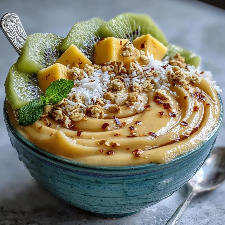 Creamy tropical mango chili lime smoothie bowl, a perfect refreshing breakfast.