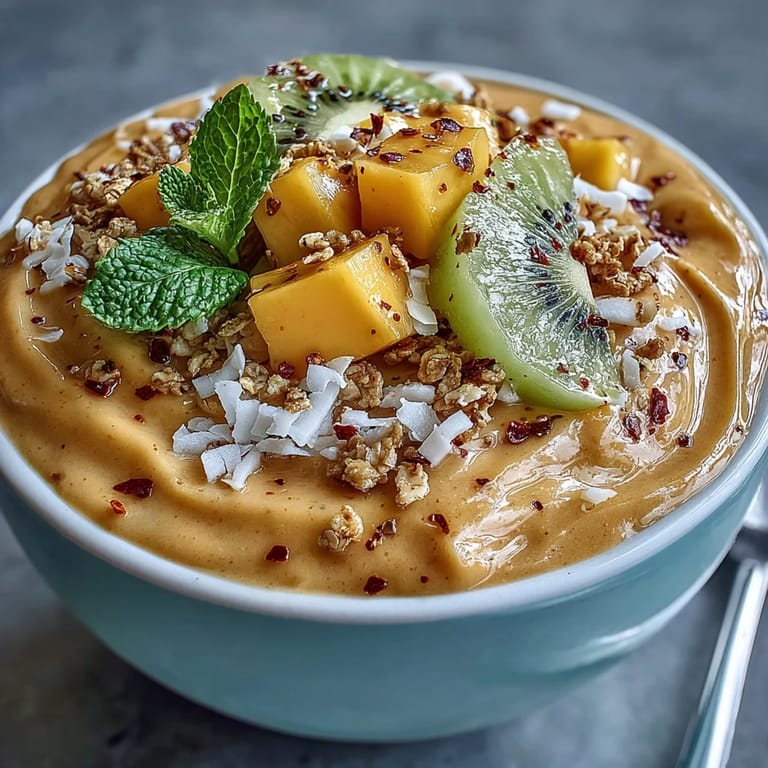 Close-up of colorful mango chili lime smoothie bowl with vibrant toppings.