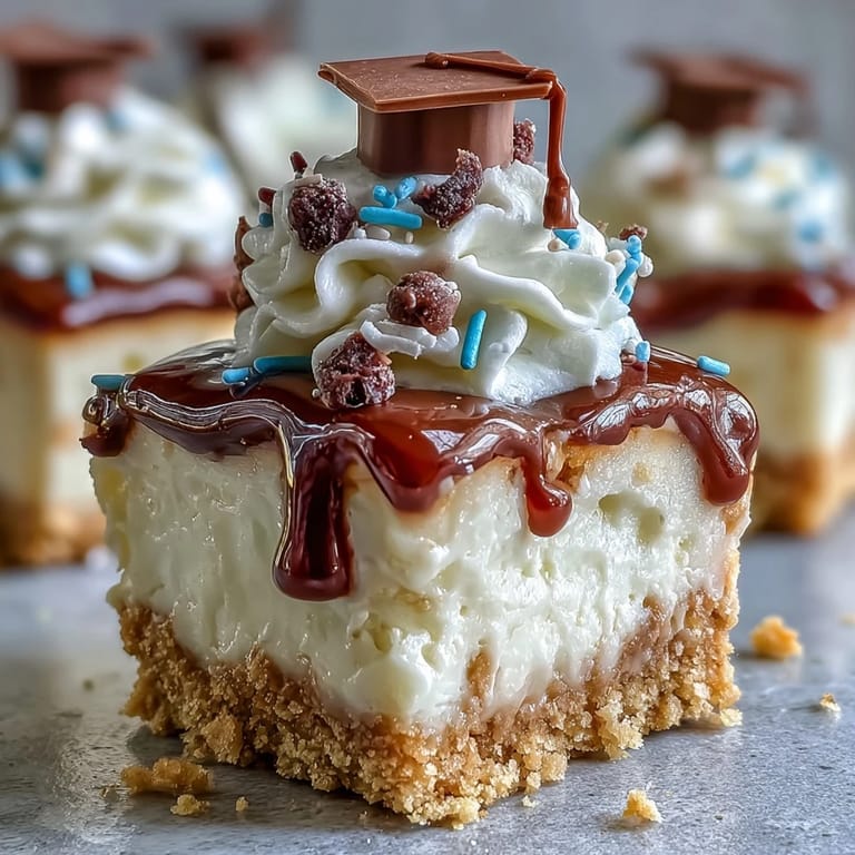 Miniature graduation cheesecake bites, showcasing luscious filling and a perfect graham cracker crunch.
