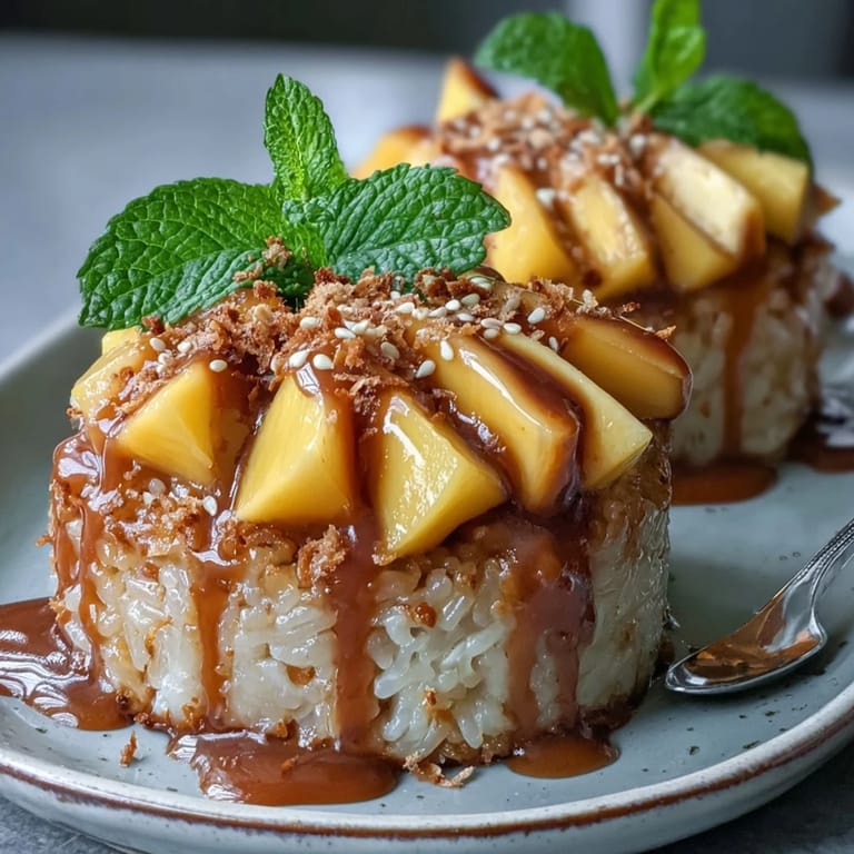 Delectable Mango Sticky Rice Cups topped with vibrant mango and creamy sauce.