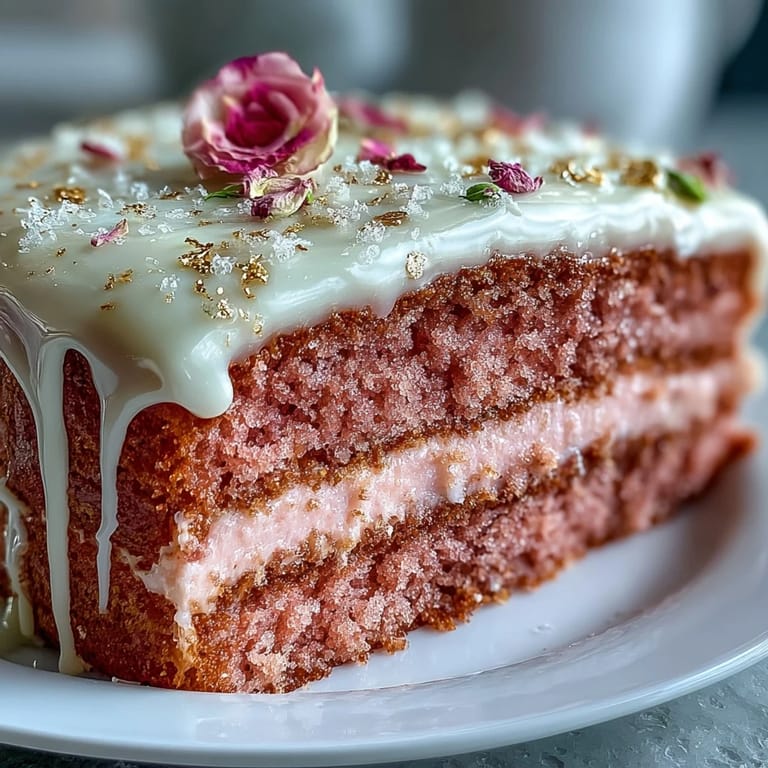 A delicate pink velvet cake infused with rosé wine, topped with silky buttercream and a radiant gold drip for bridal celebrations.