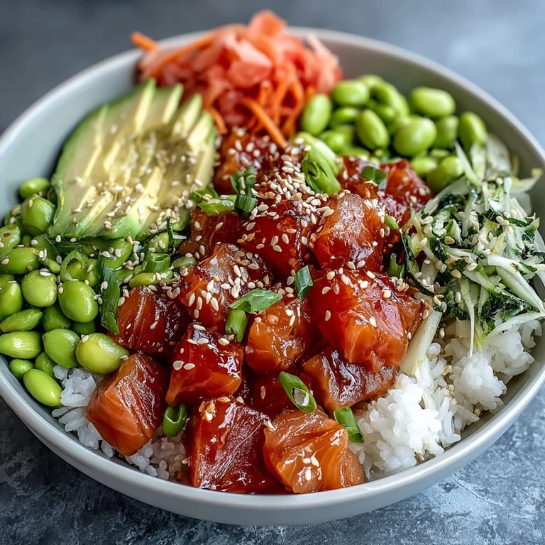 Glistening marinated salmon poke bowl, a delicious and healthy Hawaiian meal.