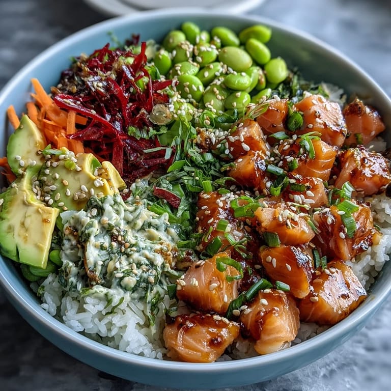 Bright Salmon Poke Bowl brimming with colorful fresh veggies, ready to enjoy.