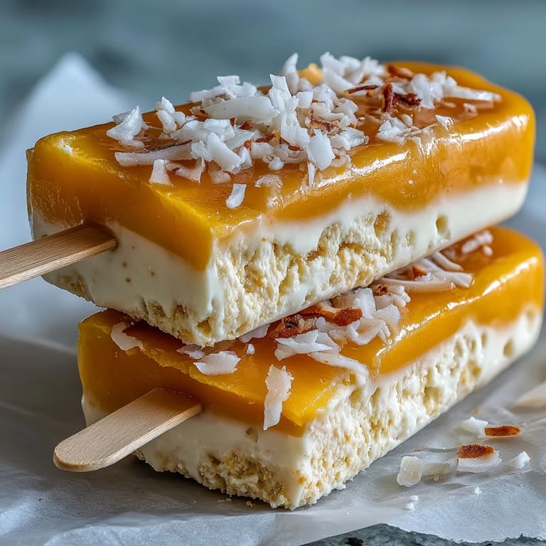 Refreshing vegan mango coconut popsicles blended smooth, perfect for a hot summer day.