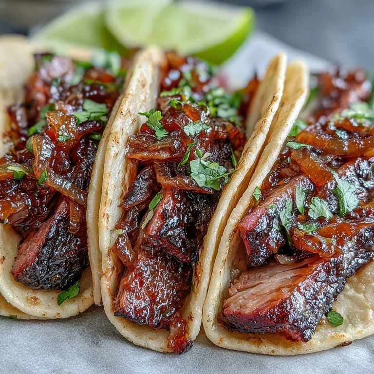 Juicy smoked brisket tacos loaded with zesty pickled red onions, ready to enjoy.