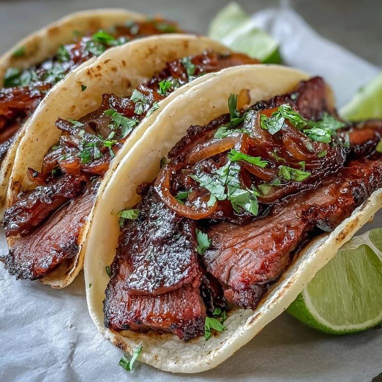 Delicious smoked brisket tacos piled high with tangy red onions and lime.