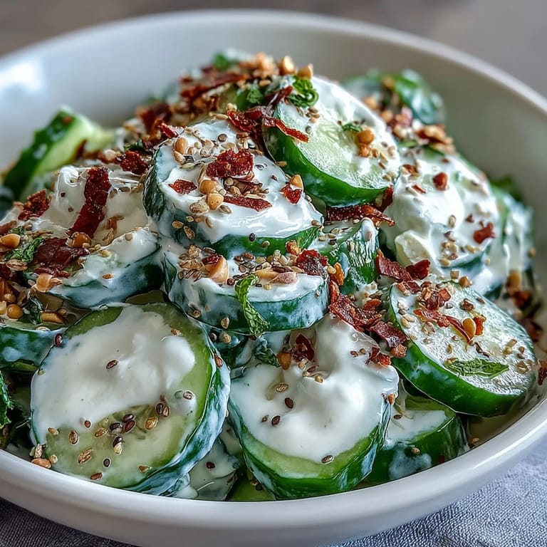 Crisp cucumbers coated in tangy cream cheese dressing, topped with savory seasoning.