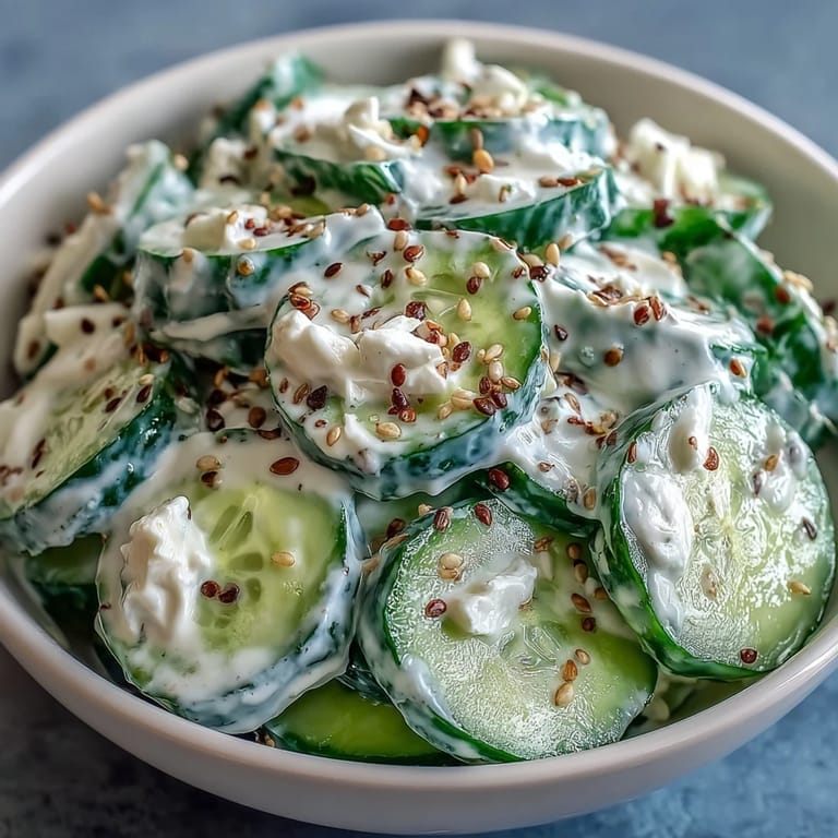 Refreshing viral cucumber salad with a rich, creamy dressing and crunchy topping.