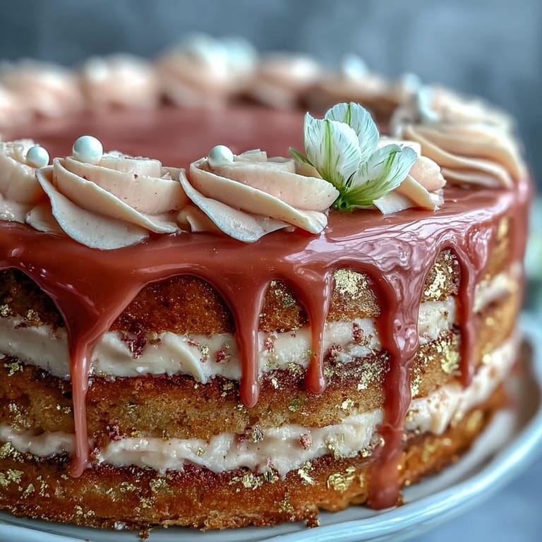 Decadent slice of Rosé Velvet Cake featuring delicate frosting and shimmering gold details.