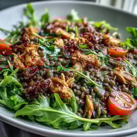 Freshly cooked green lentils mingle with juicy shredded roasted chicken and peppery arugula in this vibrant Lentil & Chicken Spring Salad.