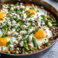 A vibrant Pea and Broad Bean Shakshuka with runny eggs nestled in a spiced tomato sauce, asparagus, and herbs.