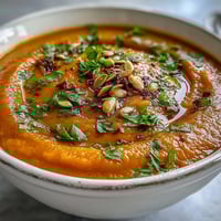 Steaming bowls of vibrant roasted vegetable soup garnished with fresh parsley and a drizzle of olive oil.
