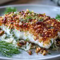 Golden-baked halibut fillets topped with crunchy lemon-walnut pangrattato on a bed of aromatic fennel.