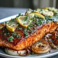 Perfectly roasted One-Pan Roast Salmon With Leeks Onions Parsley Dressing served hot. 
