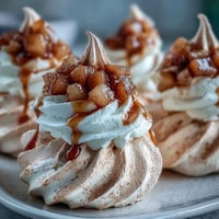 Crisp Mini Hot Toddy Pavlovas topped with spiced pears and fluffy whipped cream for a cozy dessert.