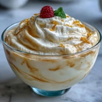 Overhead view of chilled Lemon Fool in glass cups, showing a pale yellow cream with bright lemon zest and a buttery biscuit on top.