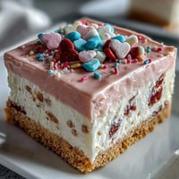 A slice of Candy Hearts Fake Cake reveals a creamy no-bake cheesecake filling on a buttery graham cracker crust.