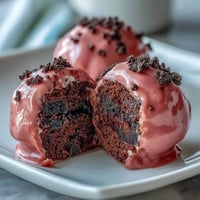 Four pink candy-coated Oreo truffle balls with a crunchy shell and creamy center.