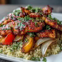 Roasted vegetables and paprika herb chicken layered over fluffy quinoa in a colorful bowl.