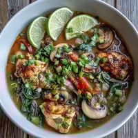 Steaming Thai Coconut Curry Soup Bowl garnished with cilantro and chili slices alongside lime wedges.