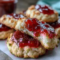 Fresh strawberry jam thumbprint cookies with golden edges and vibrant red filling, ready for a cozy afternoon treat.