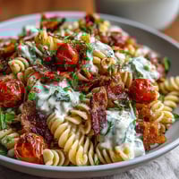 Creamy BLT pasta salad with bacon and avocado, tossed with cherry tomatoes and crisp lettuce in a zesty dressing.