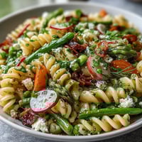 Vibrant spring pasta salad with crisp radishes and asparagus in a zesty lemon vinaigrette, perfect for picnics or light lunches.