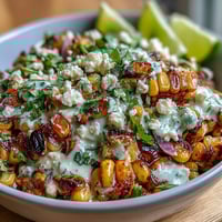 Vibrant Mexican street corn salad with charred sweet corn, creamy dressing, Cotija cheese, and fresh cilantro in a colorful bowl.  